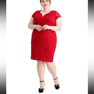 CONNECTED APPAREL Women’s Formal Dress Plus Size 18W  Hot Red V Neck Sequins NEW